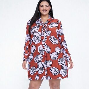 Who What Wear Plus 3X Floral Tie Neck Rust Shift Dress Long Sleeve Arabian Rose